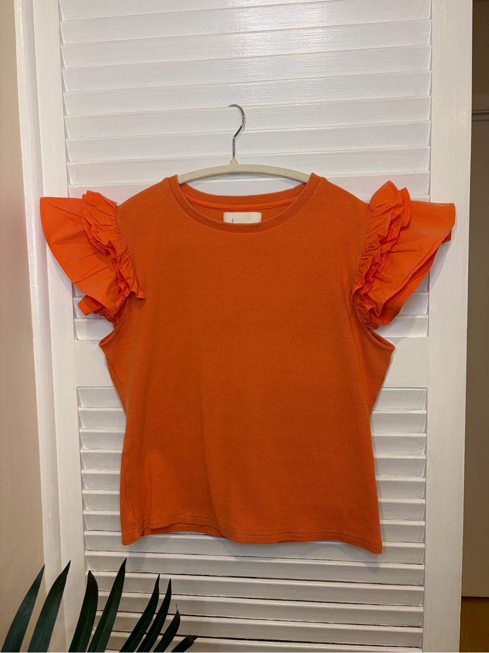 Anthropologie Ruffle Sleeve Ribbed Orange Top Size M